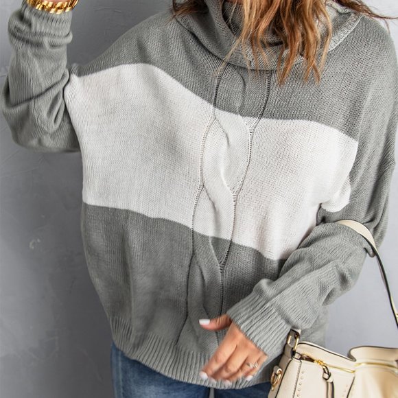 Gray Colorblock Turtleneck Loose Knitted Sweater - Picture 7 of 9